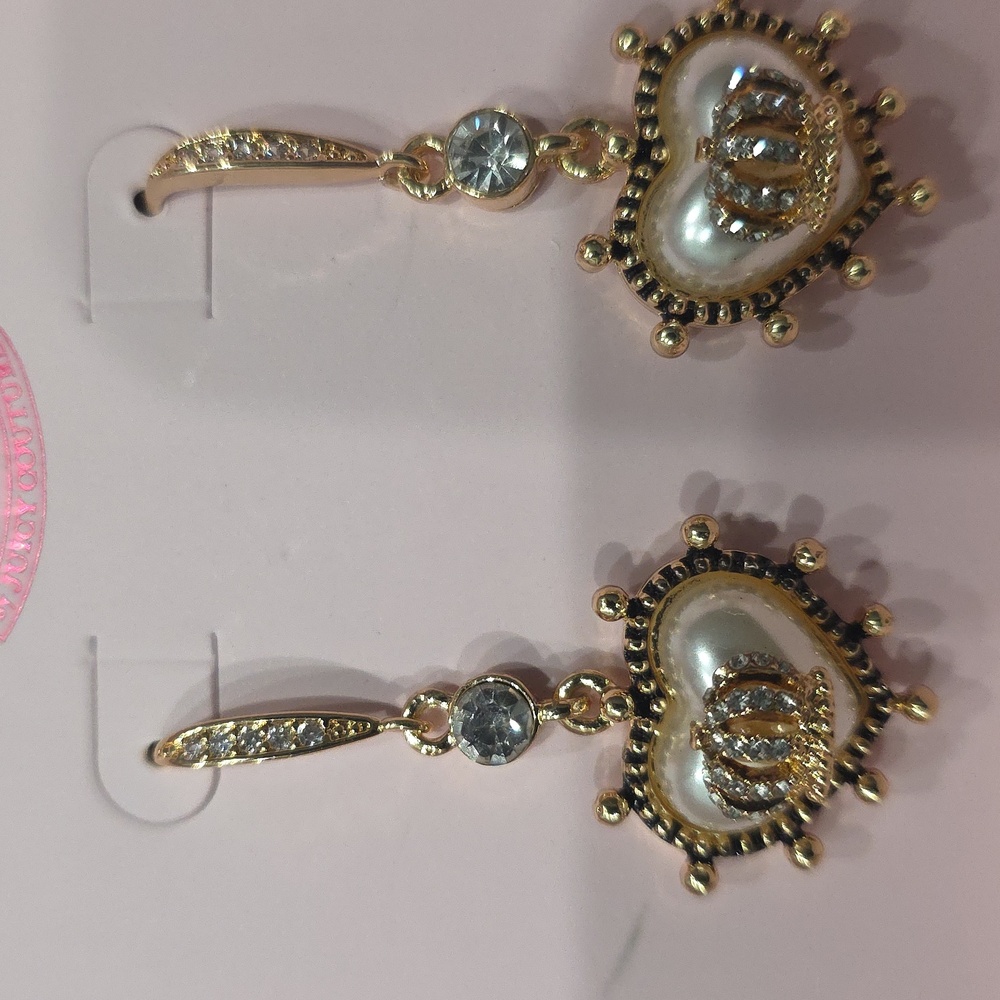 Juicy Couture Gold Crystal Crown Heart Drop Earrings - Picture 8 of 8